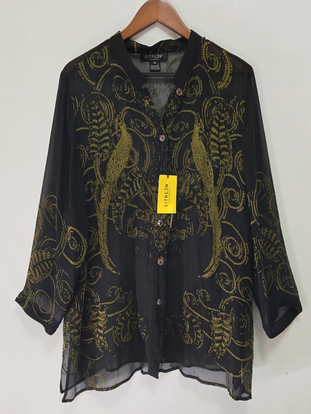 Citron Santa Monica 1X Silk Blend Peacock Blouse Top NWT Wearable Art Sheer